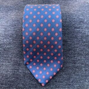 LANDS’ END ~ Classic Navy Neck Tie with Wine Graphic Floral Print ~ 100% Silk